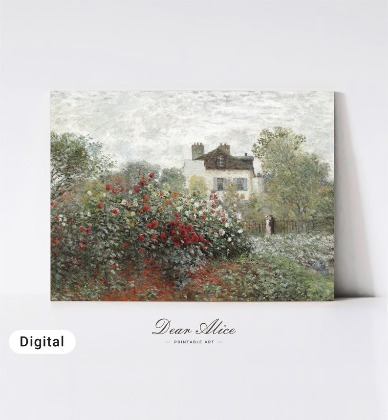 Vintage Printable Wall Art of a house with a garden of roses and a couple | Dear Alice Art