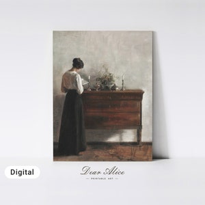 Vintage European Portrait Painting of a woman reading beside a wooden sideboard. | Dear Alice Printable Art