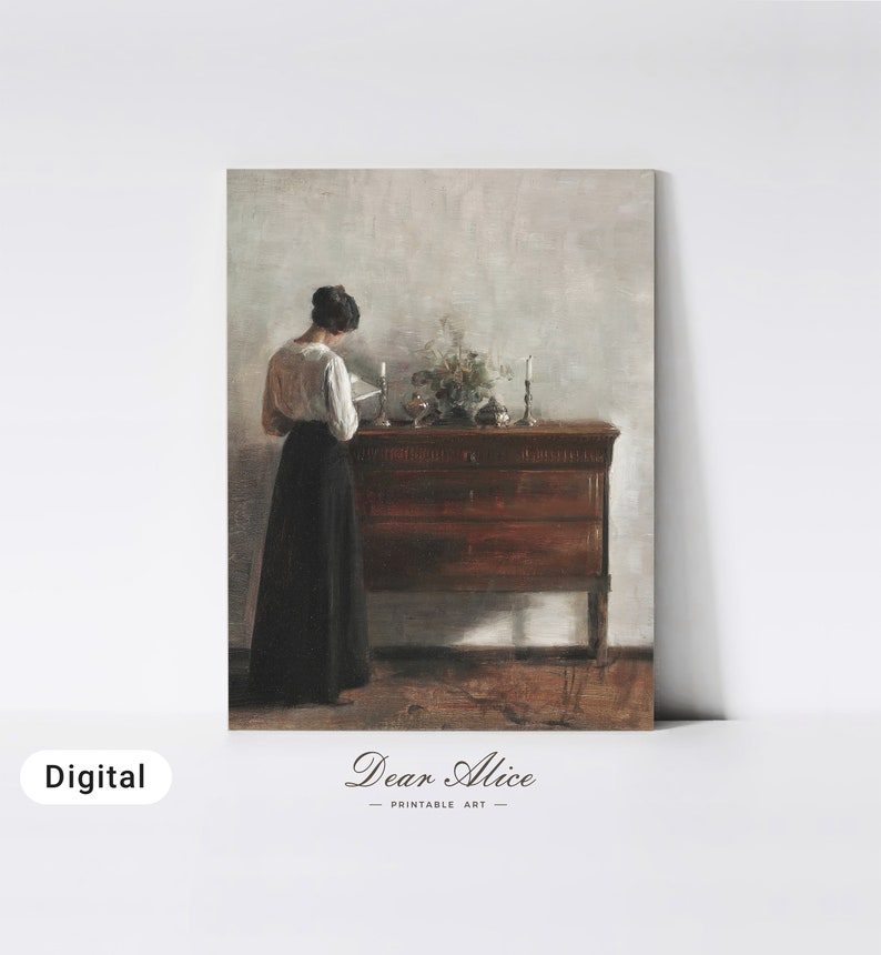 Vintage European Portrait Painting of a woman reading beside a wooden sideboard. | Dear Alice Printable Art