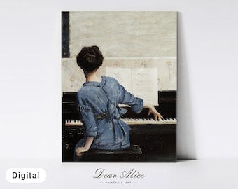Woman Playing Piano, Vintage Pianist Painting, PRINTABLE Music Wall Art, Woman at the Piano Vintage Oil Painting, Antique Wall Decor —DA0017
