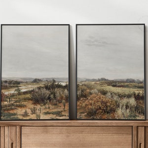 Gallery Wall Set of Two Prints | Printable Art Print Pairs framed in a neutral farmhouse living room decor. | Antique large landscape paintings in earth neutral tones. | Dear Alice Digital Download