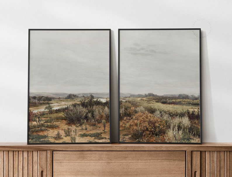 Gallery Wall Set of Two Prints | Printable Art Print Pairs framed in a neutral farmhouse living room decor. | Antique large landscape paintings in earth neutral tones. | Dear Alice Digital Download