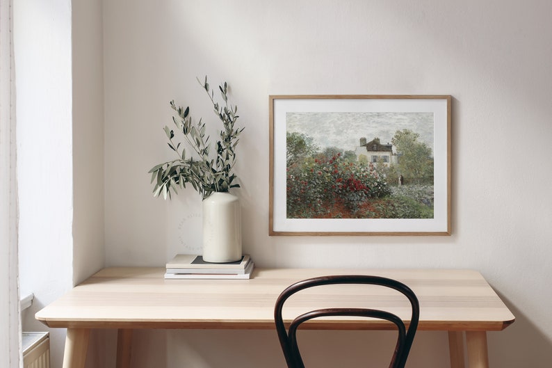 Vintage Painting of rose garden with a house and a couple of lovers, framed and hung on the white wall of a modern Farmhouse home office decor | Dear Alice Printable Wall Art