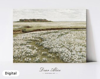 Spring Meadow Landscape Painting, Farmhouse Decor, PRINTABLE, Moody Floral Wall Art, French Country Field, Vintage Cottage Art Print—DA0032