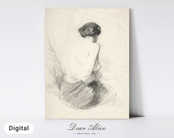 Arte de boceto de mujer vintage, dibujo de mujer antigua, dibujo de lápiz antiguo de espalda de mujer desnuda, descarga digital IMPRIMIBLE, arte de pared del dormitorio —DA0018