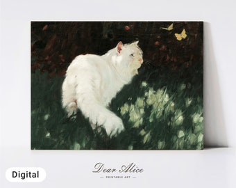 White Cat in the Garden, DIGITAL Wall Art, Antique Oil Painting, Cat Painting, White Cat PRINTABLE Art, Nursery Art, Cottage Decor —DA0002