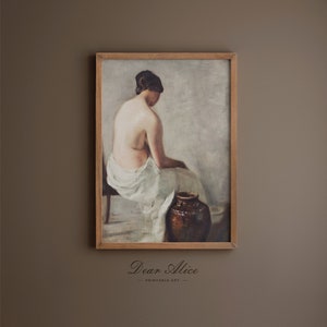 PRINTABLE Digital Download of an Antique painting featuring a Woman washing herself beside a large jar. Antique Portrait Painting in warm tones, framed in a vintage wooden picture frame. | Dear Alice Art