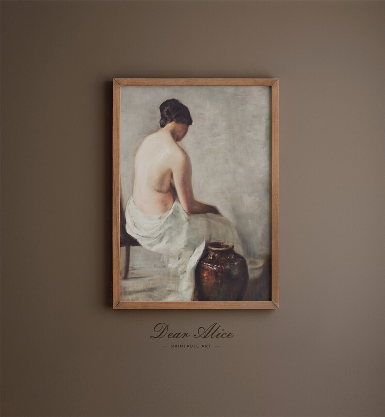 PRINTABLE Digital Download of an Antique painting featuring a Woman washing herself beside a large jar. Antique Portrait Painting in warm tones, framed in a vintage wooden picture frame. | Dear Alice Art