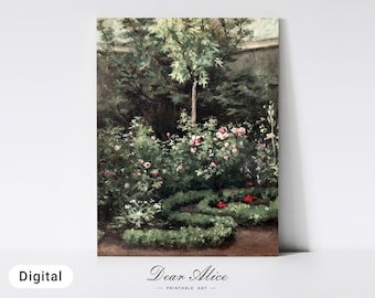 Rose Garden Painting, Floral PRINTABLE Art, Vintage Art, English Garden of Roses, Cottage Garden Digital Art Print, Farmhouse Decor —DA0024