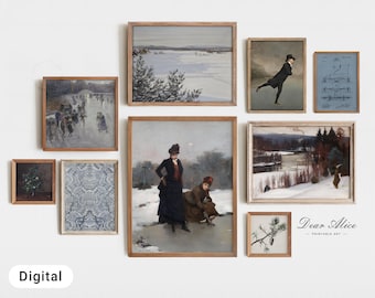 Winter Prints Gallery Wall, Vintage Holiday Art Set of 9 Prints, Christmas Holiday Wall Decor, DIGITAL Printable, Ice Skating Art Set—DA0080