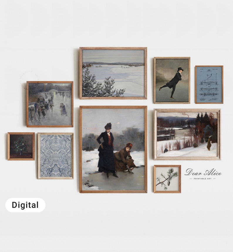 Winter Prints Gallery Wall, Vintage Holiday Art Set of 9 Prints, Christmas Holiday Wall Decor, DIGITAL Printable, Ice Skating Art SetDA0080 image 1