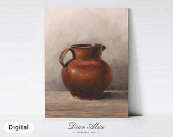 Antique Jug Painting, Farmhouse Kitchen Wall Art, DIGITAL Printable Rustic Kitchen Print, Vintage Still Life Copper Pitcher Painting —DA0027