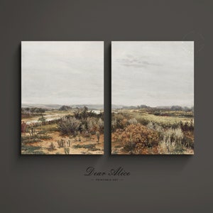 Digital Download Prints - Set of Two. | Vintage Landscape Paintings separated in two frames. | Gallery Wall Set | Field with small bushes in muted earthy colors | Living Room Farmhouse Decor | Dear Alice Antique Art