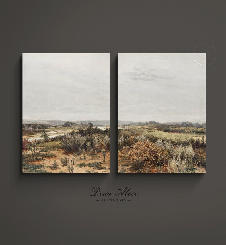 Digital Download Prints - Set of Two. | Vintage Landscape Paintings separated in two frames. | Gallery Wall Set | Field with small bushes in muted earthy colors | Living Room Farmhouse Decor | Dear Alice Antique Art