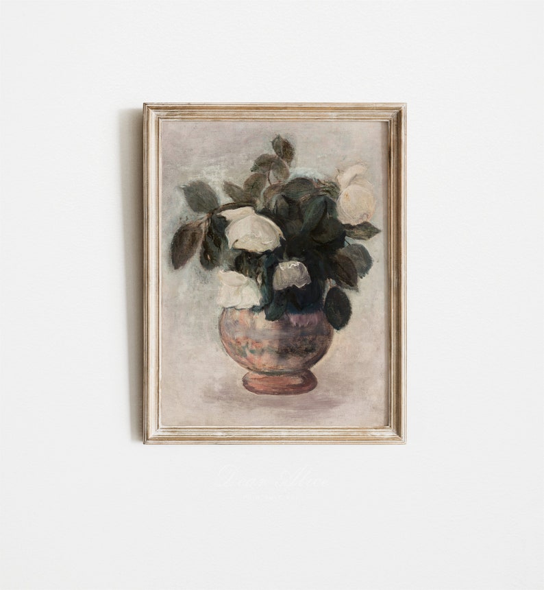 Vintage Digital Painting of a Bunch of White Peonies in a pot. 19th Century Antique Floral Art framed in an old wooden frame. | Dear Alice Printables