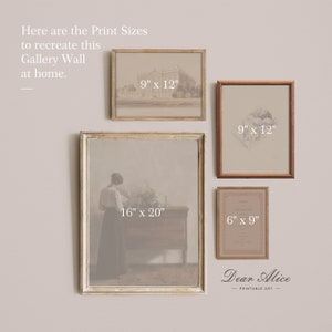 Pride and Prejudice Gallery Wall Set with print sizes. 4 Digital Downloads of Vintage art prints. Portrait of a woman from the 1800s reading a book | Book cover inspired by Jane Austen Famous Novel; Drawing of Mr Darcy s house |  Botanical drawing.
