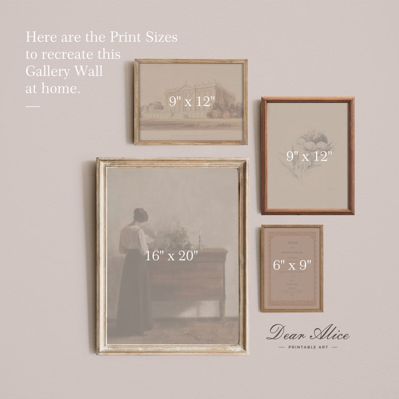 Pride and Prejudice Gallery Wall Set with print sizes. 4 Digital Downloads of Vintage art prints. Portrait of a woman from the 1800s reading a book | Book cover inspired by Jane Austen Famous Novel; Drawing of Mr Darcy s house |  Botanical drawing.