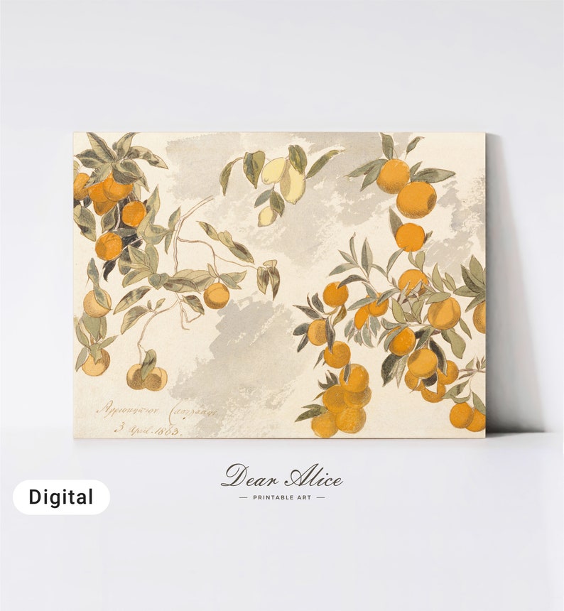 Still Life Watercolor Painting of an orange tree made in 1800s and mounted on a wood board | Dear Alice Printable Art