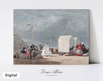 Peinture de plage antique, Art imprimable, Stormy Beach des années 1800, Impression d'art numérique, Téléchargement instantané, Art mural de plage, Art de la côte de la mer — DA0008