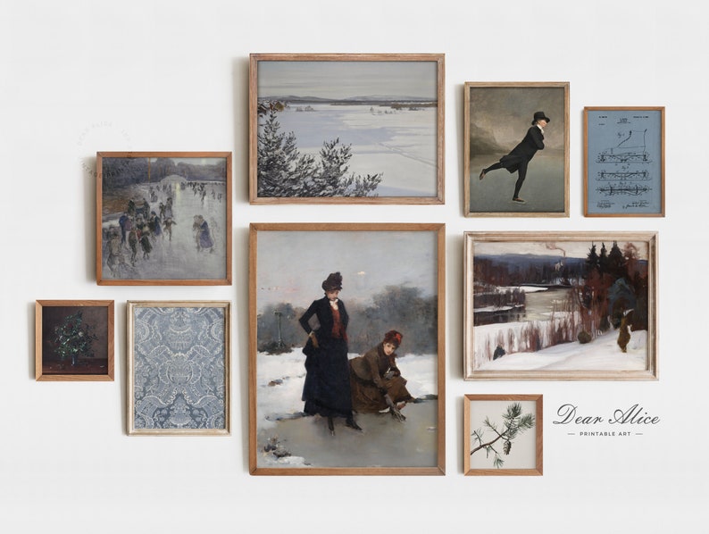 Winter Prints Gallery Wall, Vintage Holiday Art Set of 9 Prints, Christmas Holiday Wall Decor, DIGITAL Printable, Ice Skating Art SetDA0080 image 3