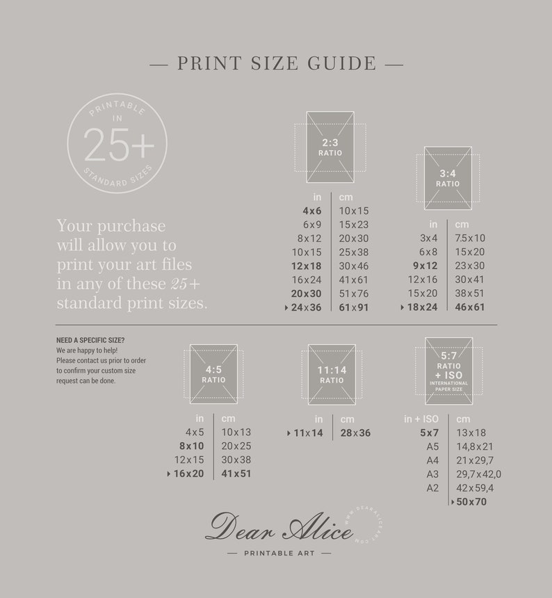 Print Size Guide by Dear Alice Art | Print your digital Art files in more than 25 standard print sizes.