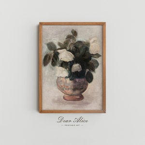 Neutral Printable Floral Art in Muted Tones, Featuring white roses in a pot. Antique Oil Painting from 19th century. | Dear Alice Art Print