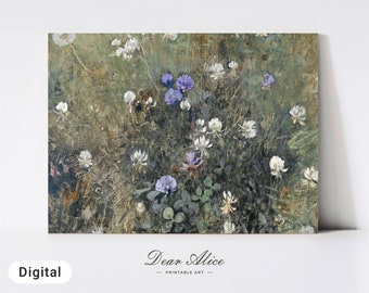 Clover Field in Bloom, Floral PRINTABLE Art, Vintage Painting, Meadow Landscape, Clover Flowers Digital Art Print, Farmhouse Decor —DA0001