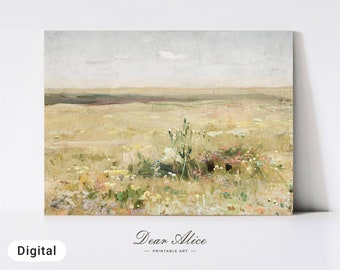 Prado de verano, pintura de paisaje vintage, arte de pared IMPRIMIBLE, impresión de arte de campo de flores, paisaje rural francés, arte moderno de granja—DA0033