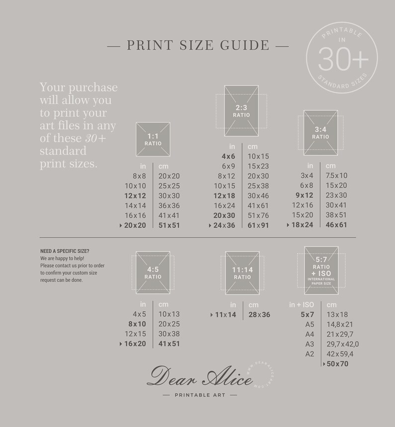 Print Size Guide by Dear Alice Art | Print your digital Art files in more than 30 standard print sizes.