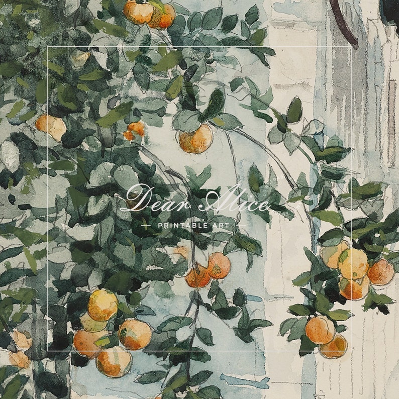 Detail of a Vintage Watercolor Painting made in the 19th century | Antique Orange Tree Painting | Dear Alice Printable Art