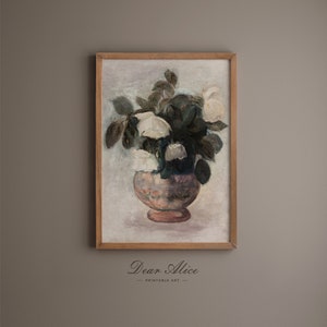 Bouquet of White Roses Oil Painting, framed in a Rustic Natural Wood Frame on a brown wall | Dear Alice Digital Art