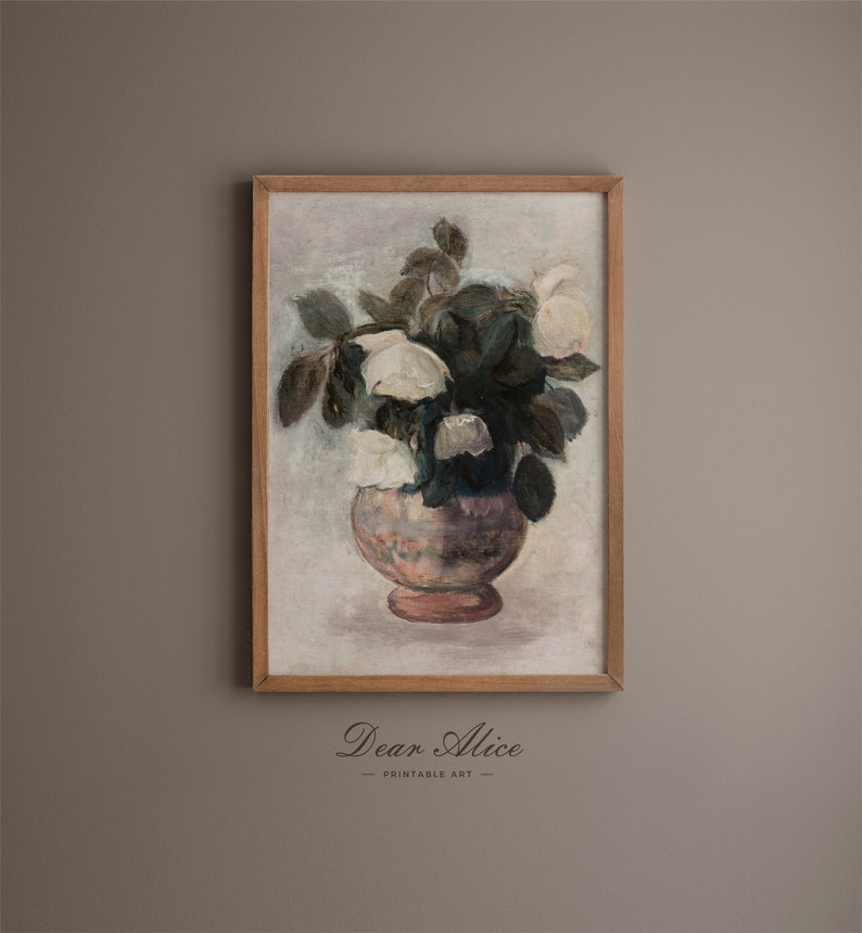 Bouquet of White Roses Oil Painting, framed in a Rustic Natural Wood Frame on a brown wall | Dear Alice Digital Art