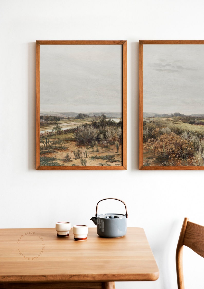 Printable Split Panel 2 Piece Wall Art | Vintage Muted Landscape Painting in two frames | French Country Landscape Painting ready to print | Farmhouse dining room decor | Dear Alice Digital Art