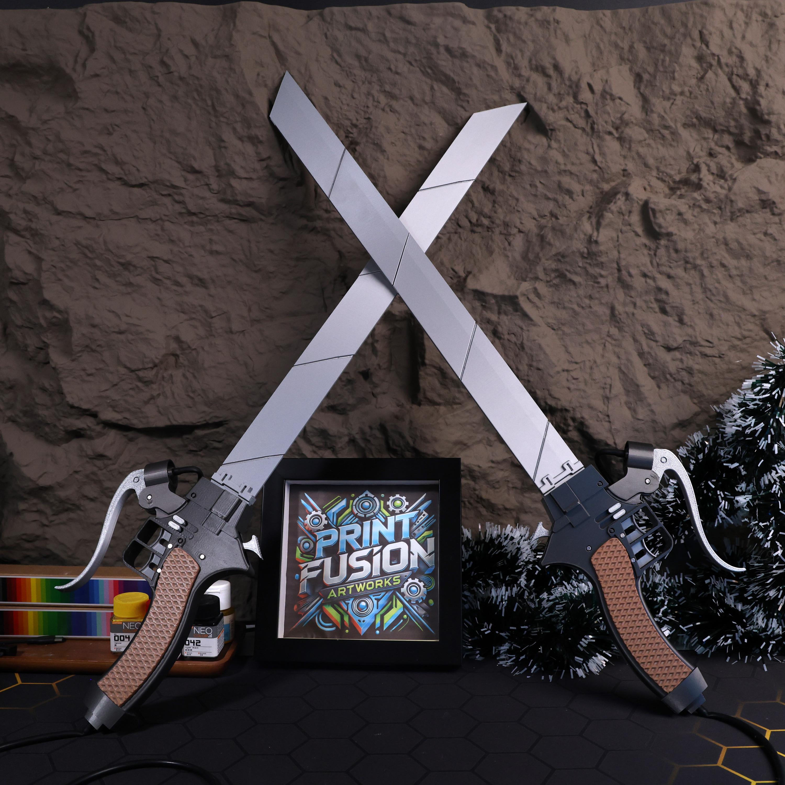 Attack on Titan 3D Printed Dual Blades Replica Toy Handle Metal Gloss Finish for Cosplay Prop Collectibles Perfect Gamer Gift Replica Decor