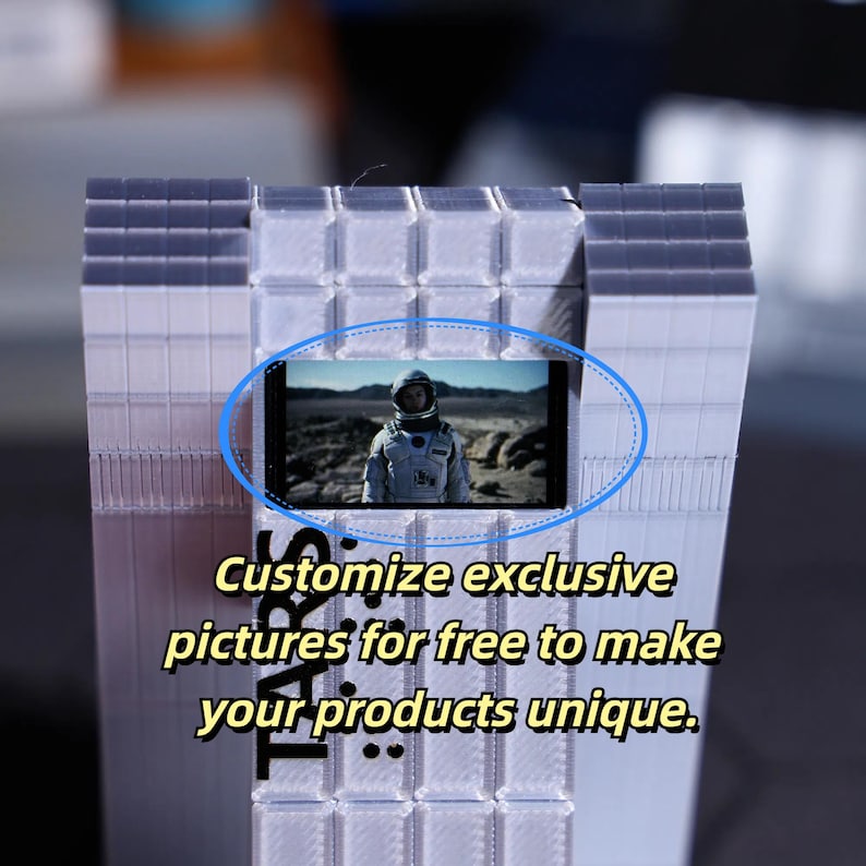TARS Robot Desktop Ornament with gift customization options, ideal for Christmas and New Year gifts. A sci-fi collectible for movie lovers, featuring personalized messages and classic movie scene playback. Great addition to home decor for fans.