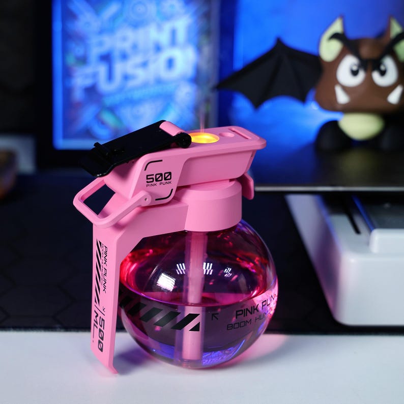 USB-powered grenade-shaped air humidifier, great for improving air quality and adding LED lighting for ambiance. Perfect for bedrooms, offices, and anime-themed spaces, with quiet misting technology for comfort.