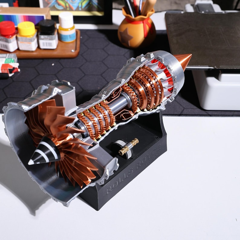 Functional aircraft jet engine model; desktop turbine fan; aviation-themed decor, realistic turbofan motorized display; 3D printed sustainable PLA model, fan rotation feature; Christmas ornament, aviation gifts for him; office decor for enthusiasts.