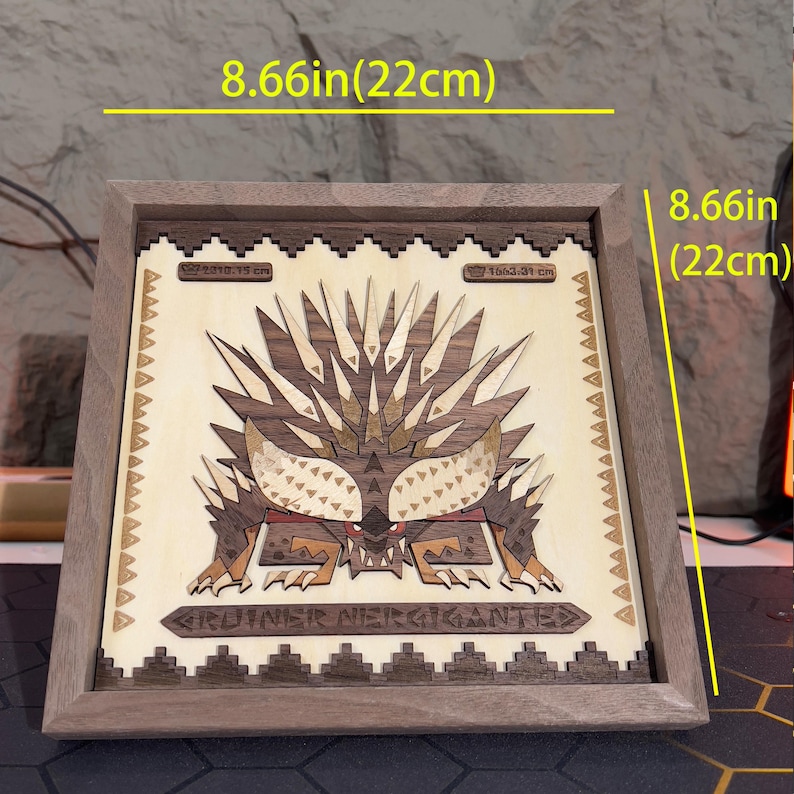 Detailed handcrafted wooden Barroth wall plaque, designed to bring the ferocious Monster Hunter monster to life in a 3D layered design. Made from solid wood and basswood, the Barroth plaque features intricate carvings and textures that give it a lifelike appearance. This collectible wall art is perfect for displaying in your gaming room, man cave, or as a centerpiece in your collection. The durability and quality of the wood ensure