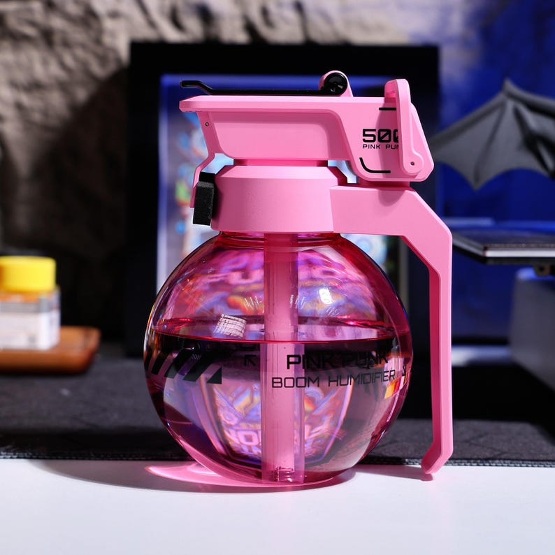 Grenade-shaped humidifier with LED lights, USB-powered design, perfect for home, office, gaming rooms, or anime-themed decor. Silent ultrasonic misting technology for improving air quality and adding a fun decorative touch.