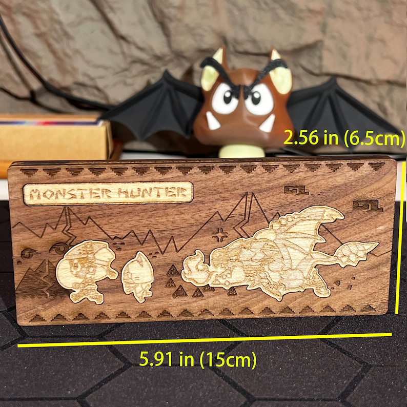 Classic Monster Hunter item icon wooden board, beautifully handcrafted from solid wood and basswood, with dual rear magnets for secure attachment to metal surfaces. This item icon board features symbols from the Monster Hunter game that are instantly recognizable to fans, including icons for health potions, traps, and other essential game items. This decorative board can be used as a practical fridge magnet or displayed as a unique piece of Monster Hunter artwork in your home.