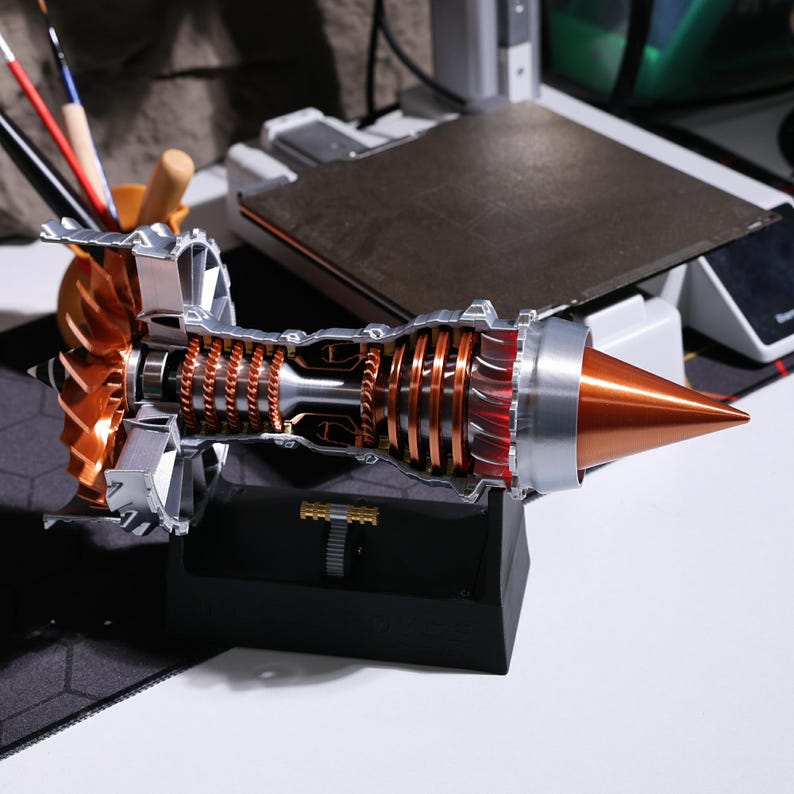 Jet engine model aircraft replica; functional motorized turbofan display; 3D printed eco-friendly PLA material; aviation Christmas ornament; realistic fan blade rotation, airplane engine model; home office decor, gift for aviation enthusiasts and.
