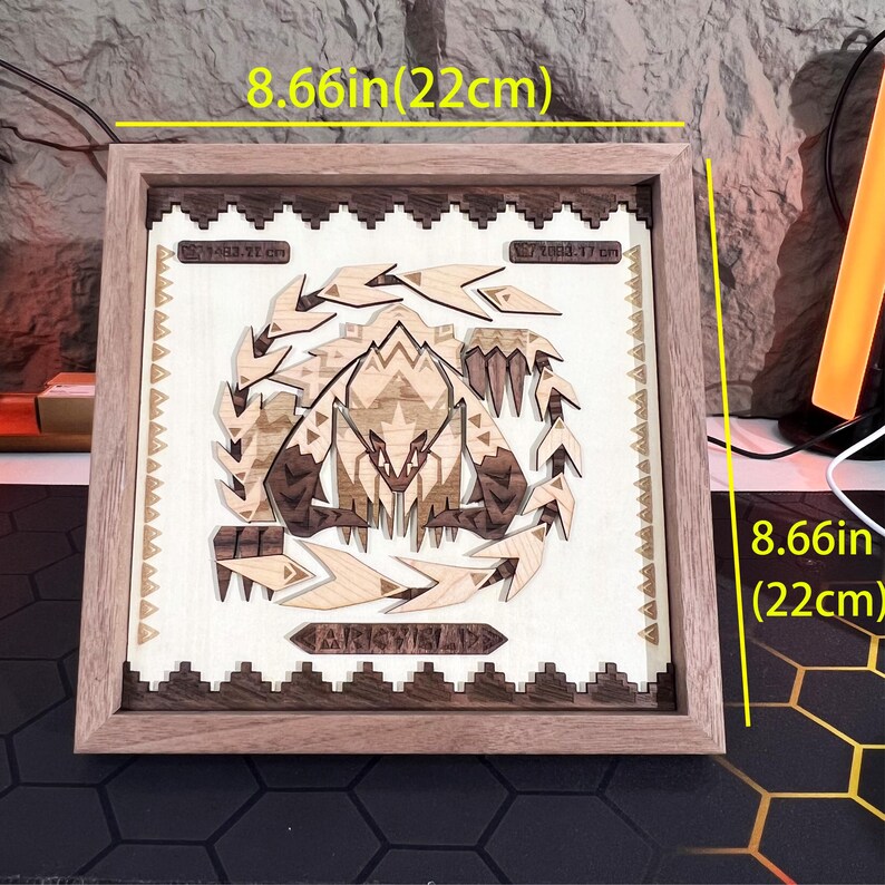 Classic Monster Hunter item icon wooden board, beautifully handcrafted from solid wood and basswood, with dual rear magnets for secure attachment to metal surfaces. This item icon board features symbols from the Monster Hunter game that are instantly recognizable to fans, including icons for health potions, traps, and other essential game items. This decorative board can be used as a practical fridge magnet or displayed as a unique piece of Monster Hunter artwork in your home.
