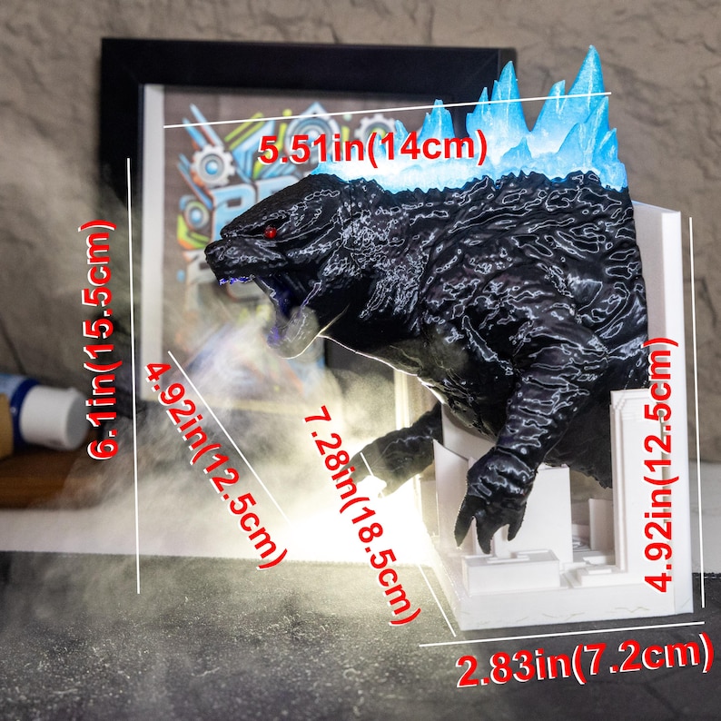Godzilla Humidifier Atomic Breath Effect Magnet Built-in Battery Dynamic Light Home Decor, Collectors, Birthday Holiday Gift for MU Fans Half Blue with Stand
