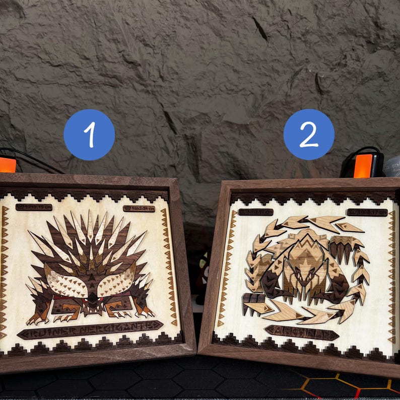 Detailed handcrafted wooden Barroth wall plaque, designed to bring the ferocious Monster Hunter monster to life in a 3D layered design. Made from solid wood and basswood, the Barroth plaque features intricate carvings and textures that give it a lifelike appearance. This collectible wall art is perfect for displaying in your gaming room, man cave, or as a centerpiece in your collection. The durability and quality of the wood ensure that the Barroth wall art