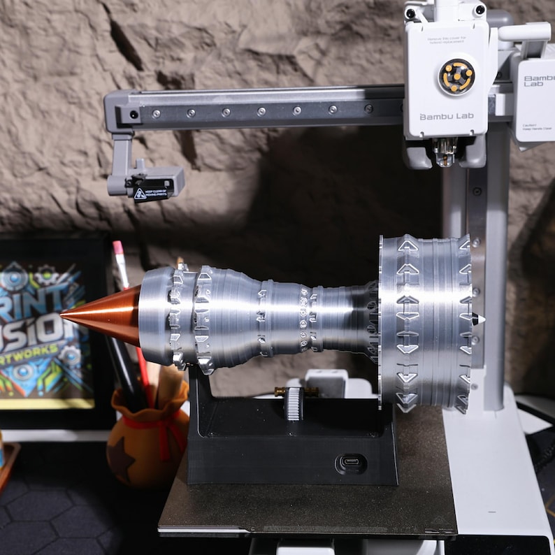 Functional turbofan engine model, motorized aircraft engine replica; aviation decor; jet engine Christmas ornament for enthusiasts, plane lover gift; realistic 3D printed jet turbine engine, unique desktop display model for collectors.