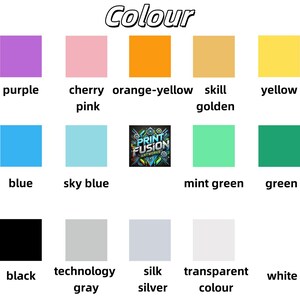 May include: A chart showing different colors with their names. The colors include purple, cherry pink, orange-yellow, skill golden, yellow, blue, sky blue, mint green, green, black, technology gray, silk silver, transparent color, and white.