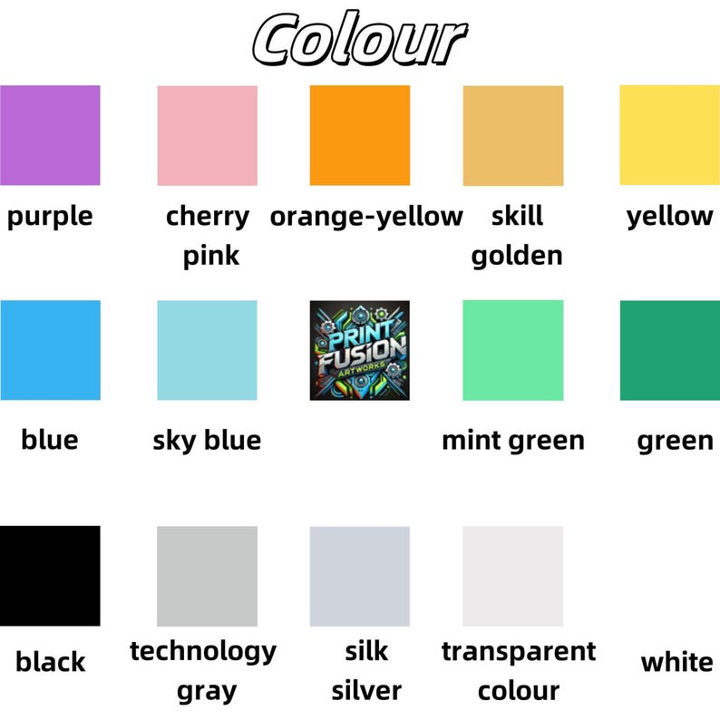 May include: A chart showing different colors with their names. The colors include purple, cherry pink, orange-yellow, skill golden, yellow, blue, sky blue, mint green, green, black, technology gray, silk silver, transparent color, and white.