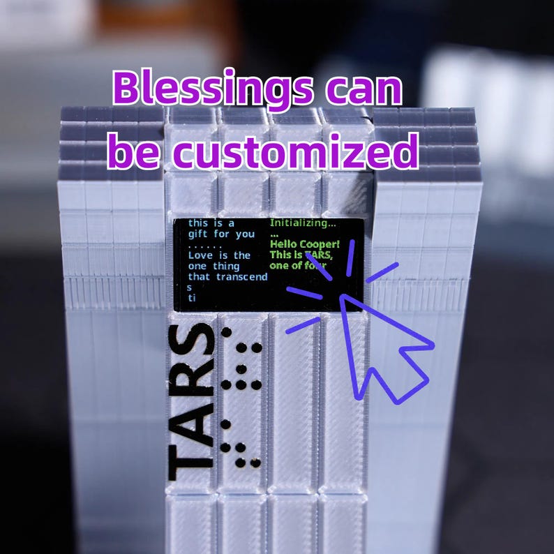 Personalized holiday gifts for sci-fi fans, TARS Robot desktop ornament with customizable screen for Christmas or New Year, perfect movie memorabilia gift for space adventure lovers, movie scene playback and collectible decor piece.