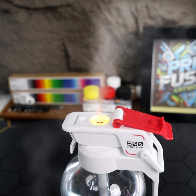 Grenade-shaped humidifier with LED lights, USB-powered design, perfect for home, office, gaming rooms, or anime-themed decor. Silent ultrasonic misting technology for improving air quality and adding a fun decorative touch.