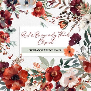 Rost und Burgund Aquarell Blumen Clipart Herbststrauß Illustrationen Rot Herbst Dekor Clip Art Hochzeitseinladungen Boho Blumensammlung